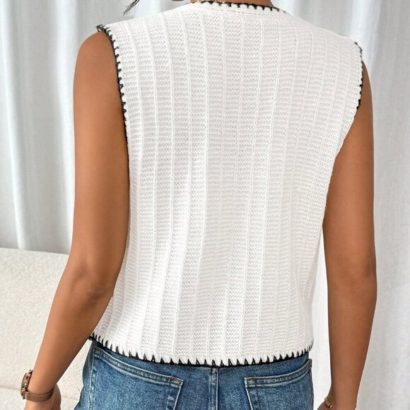 Beige Casual Women's Color Block Edging Vest Style Sweater - Picture 2 of 6